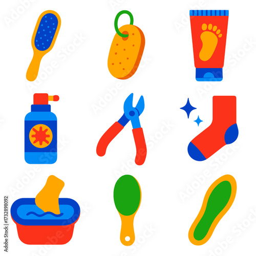 Foot Care Icons. Flat vector icons of foot care and hygiene: foot file, pumice stone, foot cream tube, anti-fungal spray, nail