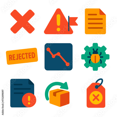 Defect Control Icons. Flat vector icons of defect control and error detection: red cross mark, quality alert triangle, flagged