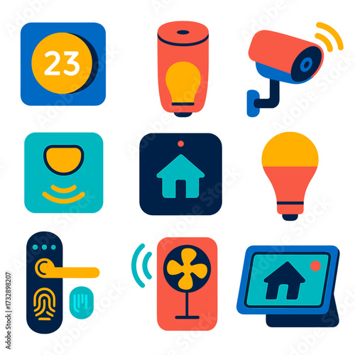 Smart Home Icons. Flat vector icons of smart home devices and automation: smart thermostat on wall, voice assistant speaker, smart