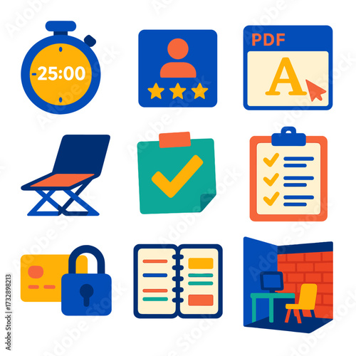 Freelance Essentials Icons. Flat vector icons of freelance and remote work essentials: digital focus timer, profile icon with
