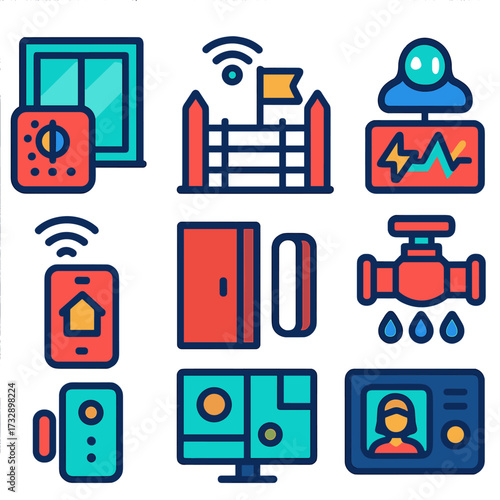 Bold Smart Home Icons. Flat vector icons of smart home devices and automation: smart window tint controller, digital fence system,