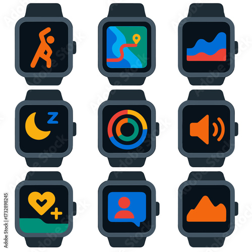 Minimalist Smartwatch Icons. Flat vector icons of fitness tracker and smartwatch interfaces: smartwatch warm-up guidance screen,