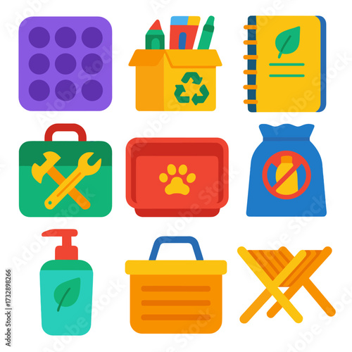 Zero Waste Icons. Flat vector icons of zero waste lifestyle items: silicone baking sheet, recycled craft supply box, zero waste