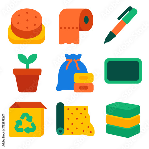 Zero Waste Icons. Flat vector icons of zero waste lifestyle items: solid conditioner bar, plastic-free toilet paper roll,