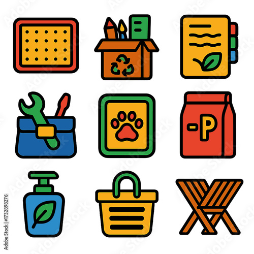 Zero Waste Icons. Flat vector icons of zero waste lifestyle items: silicone baking sheet, recycled craft supply box, zero waste