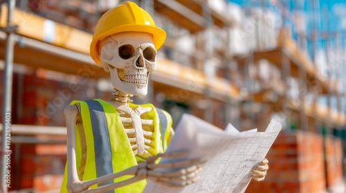 Skeleton in Yellow Safety Vest and Hard Hat Holding Blueprint on Construction Site with Scaffolding and Bricks