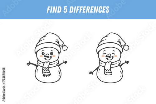 Find 5 differences between two pictures of cute snowman in scarf and hat. Cute snowman in doodle style. Activity page. Christmas game. Vector
