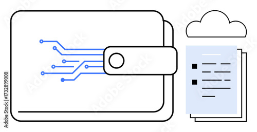 Digital wallet with circuit connections, cloud symbol, and documents representing innovative payment, record management. Ideal for fintech, blockchain, cloud computing, security, banking digital