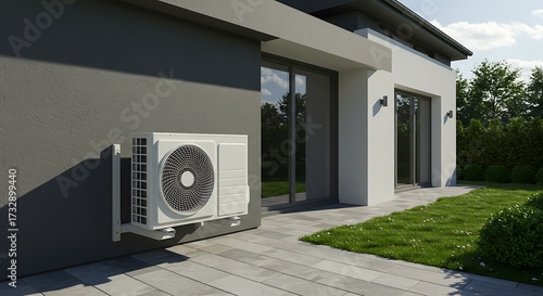 Modern residential building exterior with air conditioning unit