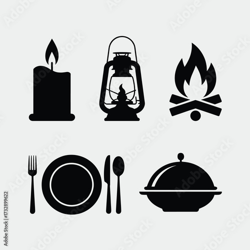Thanksgiving Minimal Silhouette Candle Lantern Bonfire Table Plate Utensils Serving Dish 
