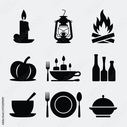 Thanksgiving Minimal Silhouette Candle Lantern Bonfire Table Plate Utensils Serving Dish 