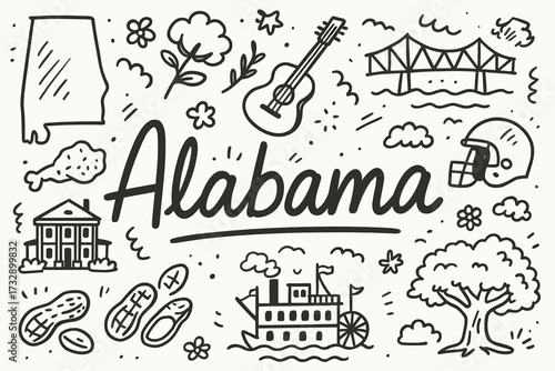 Alabama state outline icon set. landmarks, symbols, culture in linear style