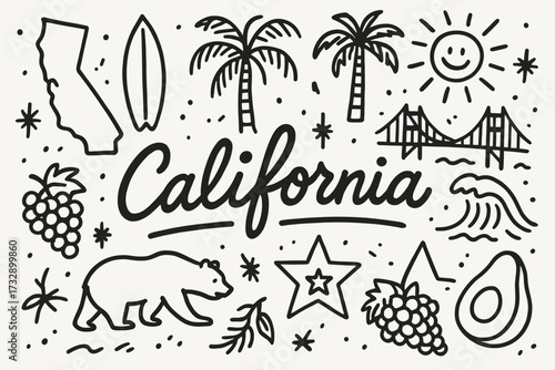 California doodle outline icon set. state symbols, landmarks, nature, travel icons collection.