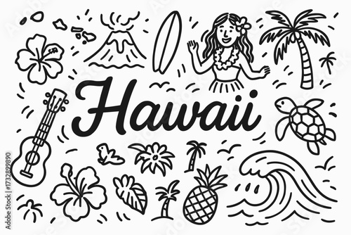 Hawaii doodle icon set. tropical, paradise, beach elements line art collection