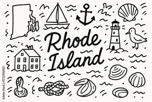 Nautical, rhode island line icon set. marine, coastal, lighthouse, anchor outline icons.