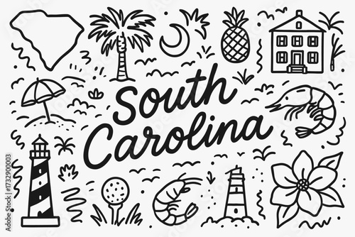 South carolina travel icon set in outline style: landmarks, food, culture symbols