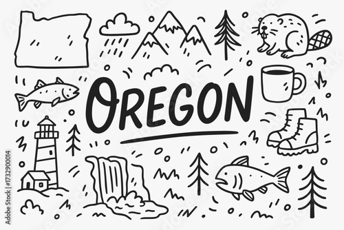 Oregon outline icon set. nature, landmarks, wildlife in line art collection.