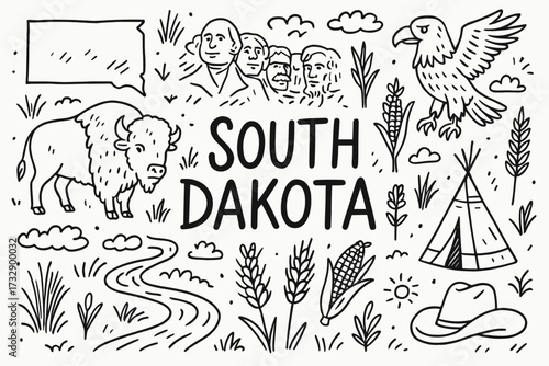 South dakota outline icon set. state symbols, landmarks, nature, and culture illustrations.