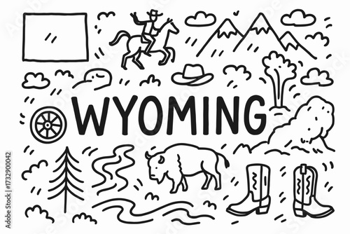 Wyoming silhouette icon set. western culture, cowboy elements in silhouette style