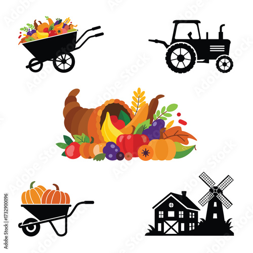 Thanksgiving Silhouette Set with Cornucopia, Harvest Cart, Pumpkin and Barn