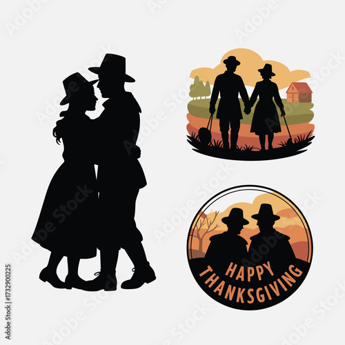 Thanksgiving Minimal Silhouette Pilgrim Couple Hug Walking Badge Scene 
