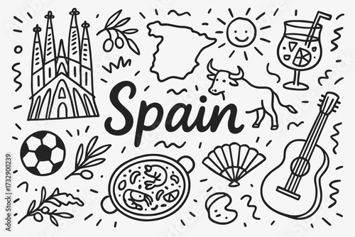 Spain travel outline icon set. cultural landmarks and traditions in line art