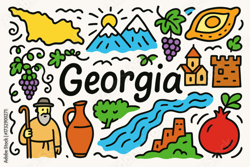 Georgia outline icon set. culture and landmarks flat icon collection.