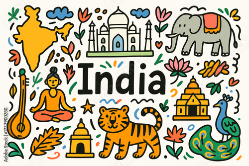 India culture flat icon set. traditional symbols, architecture, wildlife collection