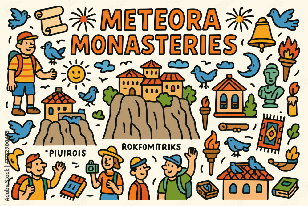 Fototapeta premium Meteora monasteries flat icon set. ancient landmarks, greece travel icons collection.