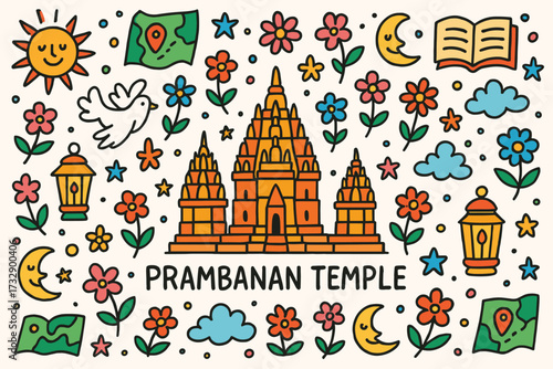 Prambanan temple outline icon set. cultural and religious icons with flowers, sun, moon.
