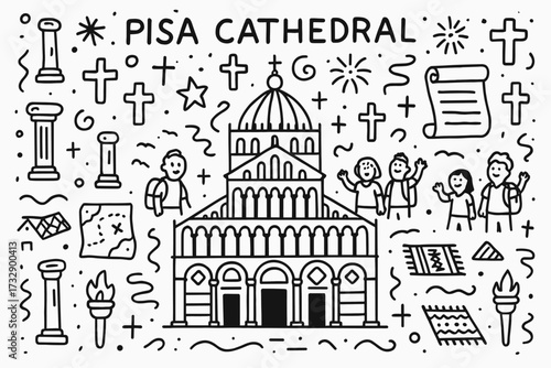 Pisa cathedral linear icon set. historical architecture outline icons collection.