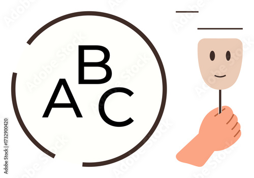 Letters A, B, C inside part of a circular shape and a hand holding a simple smiling face mask. Ideal for concepts thumbs up communication, identity, education, creativity, expression