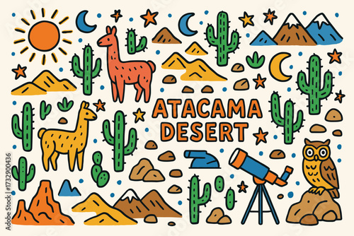 Desert, atacama filled icon set. cacti, mountains, animals collection