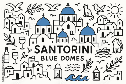 Santorini architecture outline icon set. greek, travel icons outline collection.