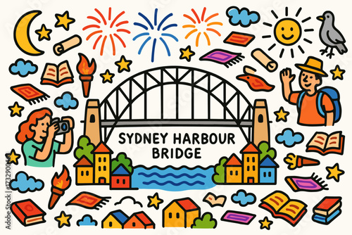 Australia travel flat icon set. sydney, landmarks, holidays, travel adventures collection