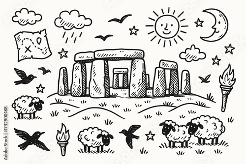 Stonehenge mystery linear icon set. ancient symbols, historic designs, nature collection