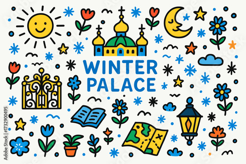 Winter palace outline icon set. seasons, nature, architecture icons collection