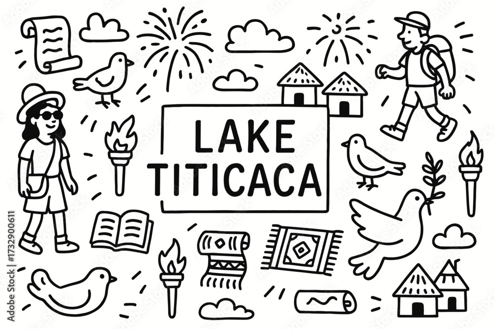 Obraz premium Travel and hiking line icon set. lake titicaca, outdoor adventure icons collection.