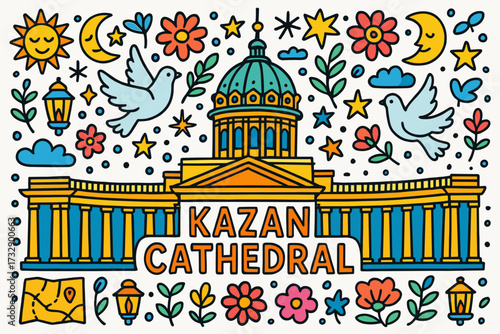 Architecture line icon set: kazan cathedral and decorative elements collection
