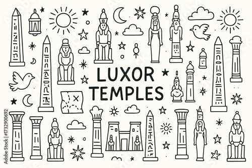 Egyptian outline icon set. luxor temples, ancient egypt line art collection