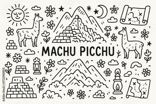 Peru, machu picchu outline icon set. travel, adventure icons linear collection