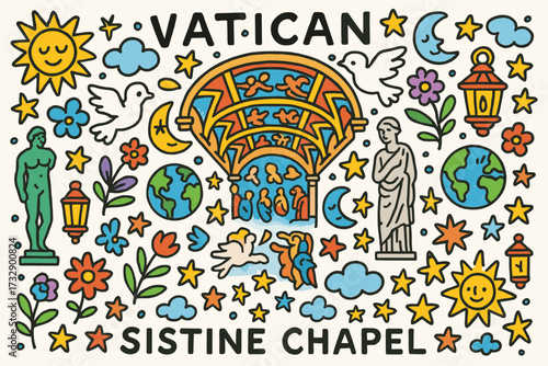 Vatican icon set. sistine chapel, religious icons flat collection