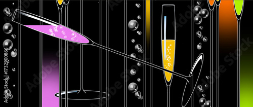 Foto Sparkling wine in thin stemware is seen with one tipping in a 3-d illustration