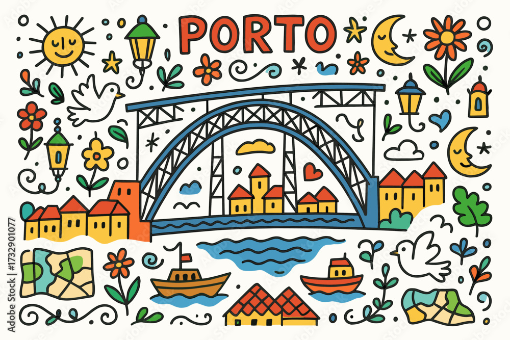Fototapeta premium Cityscape, porto flat icon set. portugal, landmarks, culture, architecture in outline style