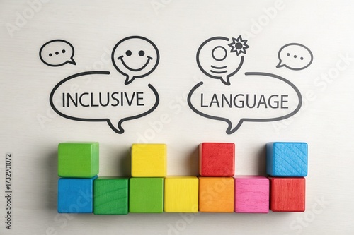 Concept of inclusive language illustrated with colorful building blocks