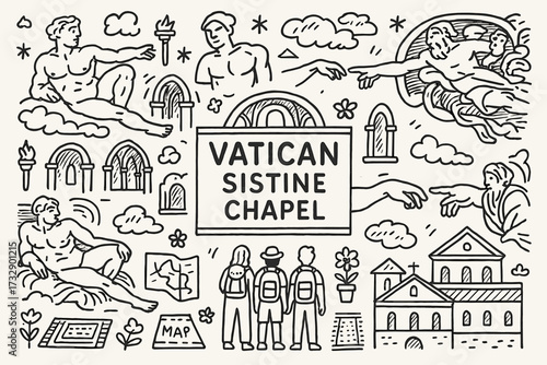 Vatican sistine chapel line icon set. religious, historic, art icons collection outline style.