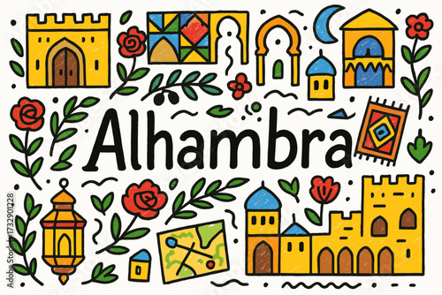 Alhambra outline icon set. historic, cultural, architecture icons in outline style.