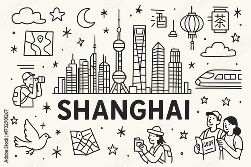Shanghai outline icon set. travel, cityscape, tourism icons collection for guides