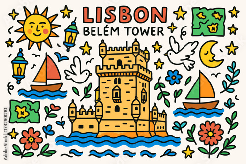 Lisbon and belém tower outline icon set: cultural landmarks and travel symbols