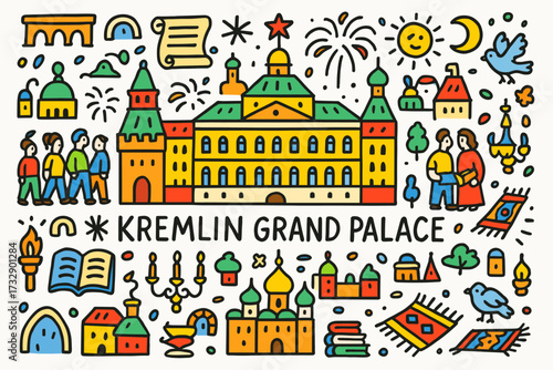 Kremlin grand palace outline icon set. moscow, tourism, travel landmarks, culture icons.